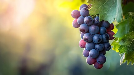  A vine bears several clusters of grapes with green leaves in the background