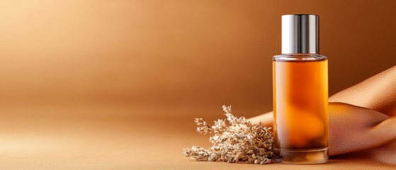 Fototapeta premium A bottle of perfume sits atop the table, surrounded by a pile of dried flowers and a pair of scissors