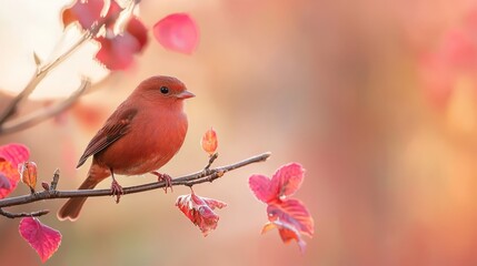  A red bird perching on a tree branch, surrounded by pink flowerforeground, and a softly blurred background