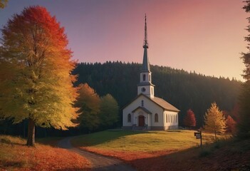 A small white church is located in a lush green forest