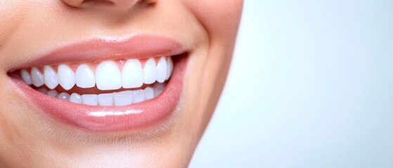 Fototapeta premium A tight shot of a woman's face, focusing on her lips Her left side sports a radiant white toothy grin, while her right side maintains a relaxed expression