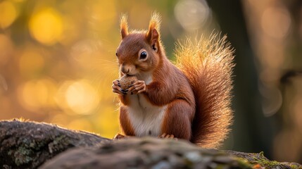 Obraz premium A red squirrel perched on a tree branch, holding a morsel in one paw, gazes at the camera