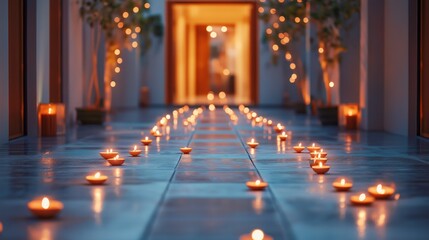 Traditional Diwali lamps and candles decorating a home entrance. Warm festive glow and ambiance.