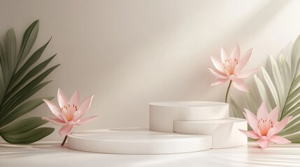 White Pedestal with Pink Lotus Flowers and Palm Leaves