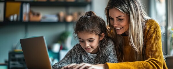 Teacher assisting young student with online learning on laptop in cozy home setting