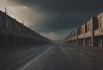 A deserted street that features numerous buildings in the background