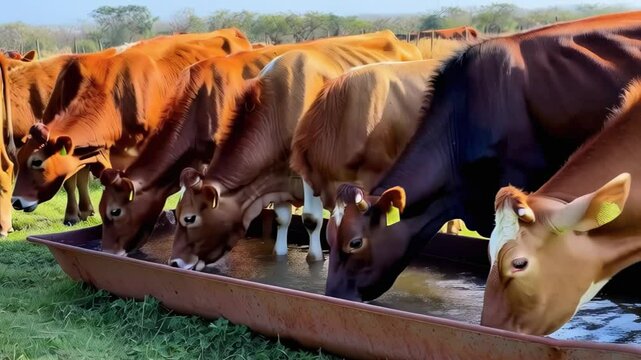 Cows drinking water from a trough at a sunny farm during early afternoon in a rural setting
