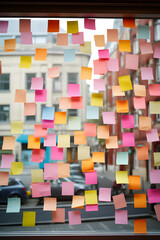 post its on a window in a office, post it, post it note