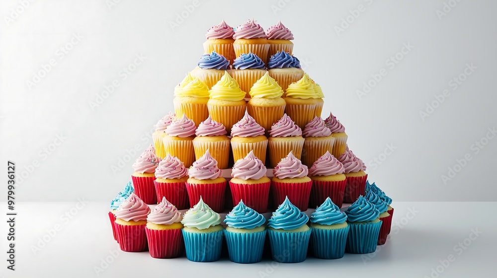 Wall mural Pyramid of colorful cupcakes with blue and pink frosting