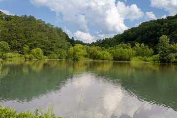Fototapeta premium Tranquil Forest Lake with Calm Waters and Tree Reflections.