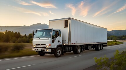 A white cargo truck with a white blank empty trailer driving on a highway road. The background reveals beautiful nature mountains and a sky. The truck is in motion.