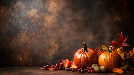  Autumn harvest still life with pumpkins and fall foliage