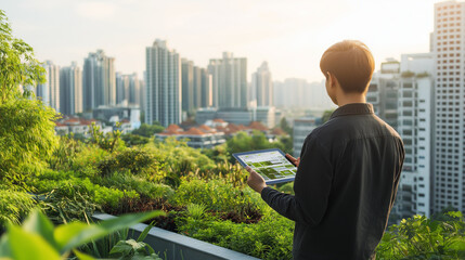 The consultant is reviewing eco-friendly building plans on a tablet, with a modern city skyline and green rooftops in the background