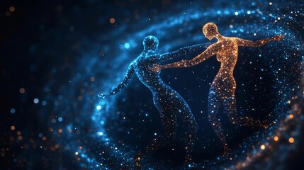 Abstract human forms made of zodiac constellations, dancing in a galaxy swirl