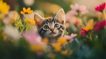 A curious kitten emerges from a patch of blooming wildflowers, with its bright eyes and tiny nose visible among the colorful petals on a sunny day