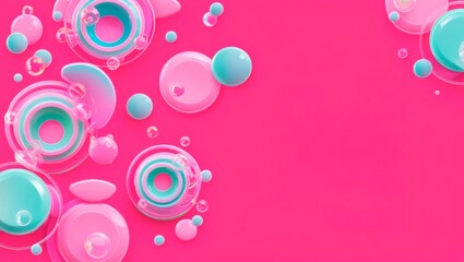 An abstract composition with colorful circular shapes on a vivid pink background
