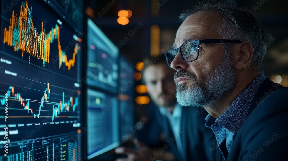 Poster a group of analysts intensely reviews financial data on multiple screens while collaborating at a la