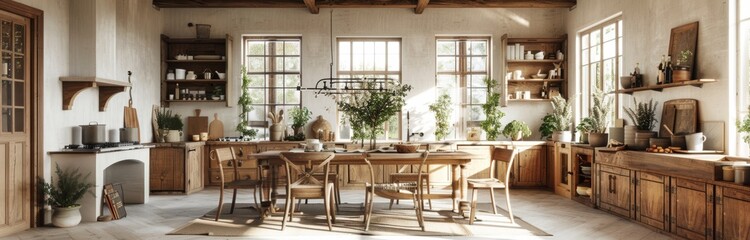 Fototapeta premium Rustic kitchen interior with wooden cabinets, open shelving, and large windows.