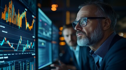A group of analysts intensely reviews financial data on multiple screens while collaborating at a large desk in a contemporary office environment