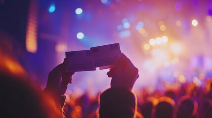A concertgoer celebrates by raising tickets high as colorful stage lights illuminate the lively atmosphere at a music festival