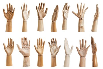 Fototapeta premium Mannequins wooden hands displaying various gestures on a white backdrop Banner design