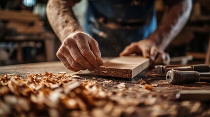 A craftsperson's hands sand the edge of a wooden plank, surrounded by wood shavings in a well-lit workshop, showcasing skillful craftsmanship and precision