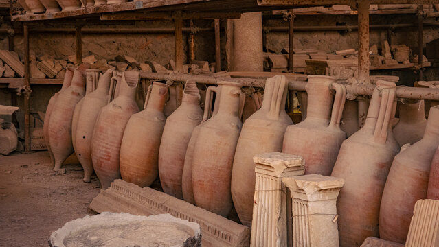 Ancient Clay Amphoras in Ruins of Pompeii