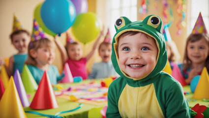 A boy in a frog costume at a children's birthday.
