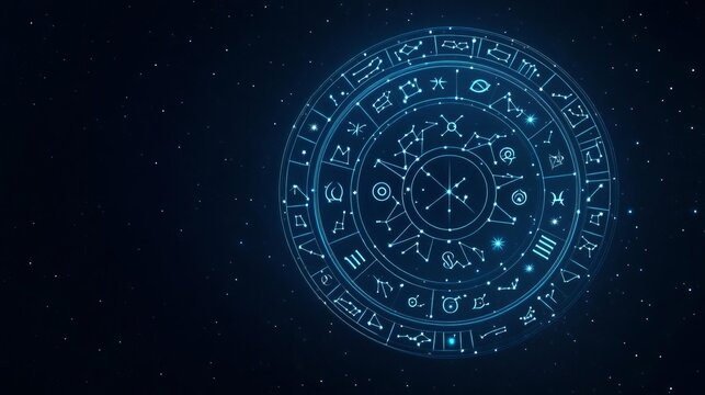 Celestial alignment of all zodiac signs in a cosmic circle, glowing against a starry background, astrology concept