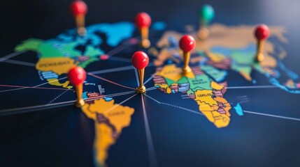 A world map showcases logistic progress with red pins marking countries where ecommerce is expanding, highlighting global market opportunities and trends