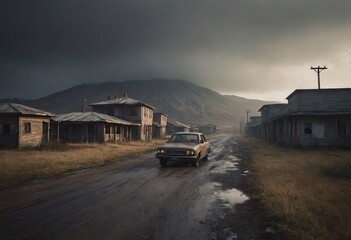 Obraz premium A vehicle that has a New York license plate is parked on a dirt road