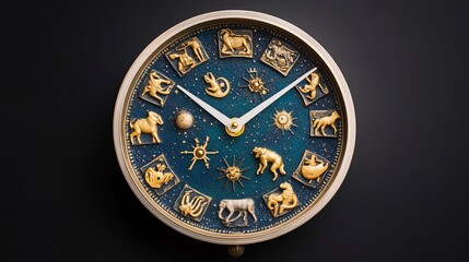 Cosmic clock with zodiac symbols instead of numbers, turning slowly through time and space