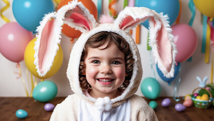 A smiling girl in a rabbit costume.