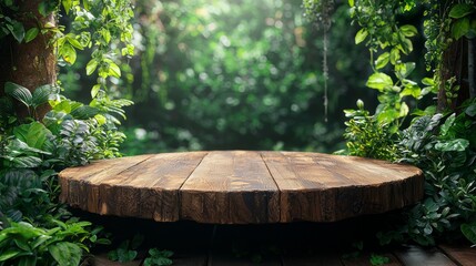 Rustic Wooden Podium Amid Lush Greenery in Natural Forest Setting