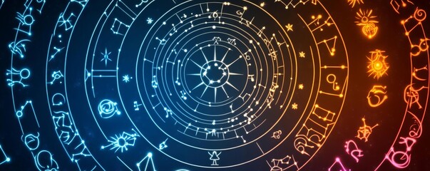 Obraz premium Cosmic dance of the zodiac symbols, with each sign glowing in different colors, representing unity in diversity