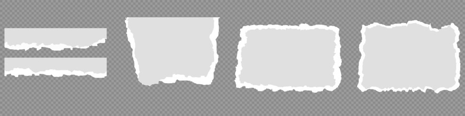 Obraz premium White realistic torn or ripped paper strip collection with grunge edges. Torn notebook page or scrap note with damaged border. Sticky newspaper clip art with paint brush stroke texture. Ripped banner.