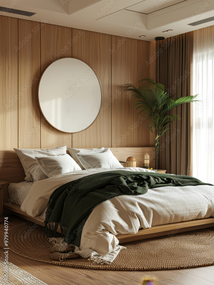 Poster A serene bedroom showcases a low-profile wooden bed with plush bedding, surrounded by natural light and accented by Chinese calligraphy art, creating a cozy atmosphere.