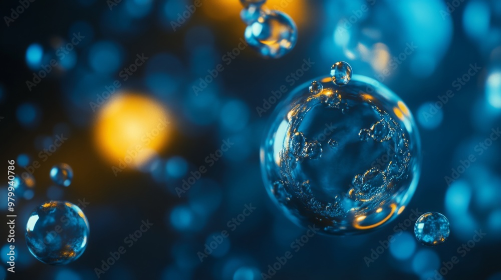 Aufkleber bubbles are suspended in mid-air against a blue backdrop illuminated by soft, glowing lights. the at
