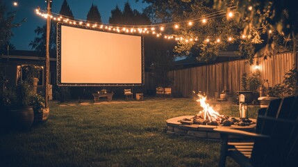 A spacious backyard is transformed for a night of outdoor entertainment, showcasing a large screen, glowing string lights, and a warm fire pit ambiance