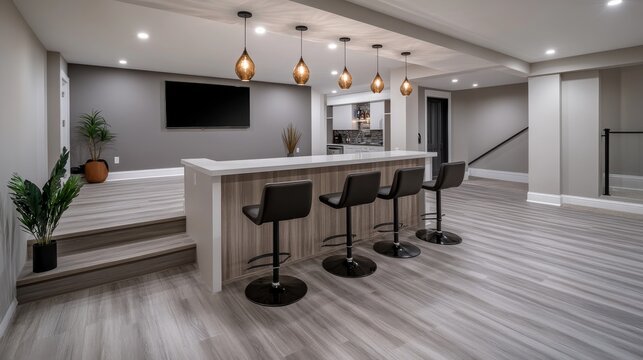 This stylish finished basement includes light grey vinyl flooring, a compact home theater area, and a bar with seating, perfect for hosting friends and family