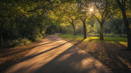 A peaceful urban park pathway meanders through a dense tree canopy, illuminated by soft sunlight filtering through the leaves, creating a serene atmosphere