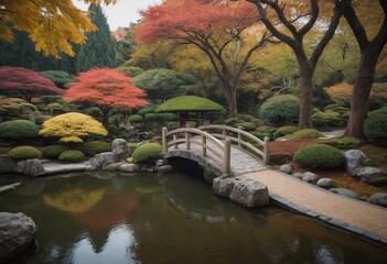 A wooden bridge spans a tranquil pond in a beautiful garden