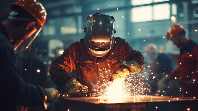 A skilled welder in full safety gear provides instruction on welding techniques to a group of attentive workers in an industrial environment
