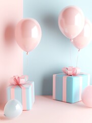 Pink and blue balloons with matching gift boxes on pastel