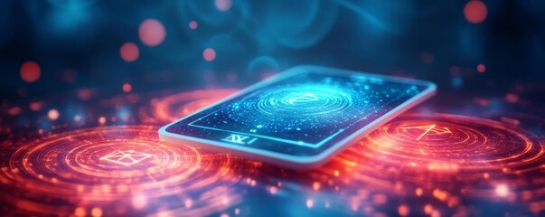 Obraz premium Digital tarot reader, hologram zodiac signs, celestial data visualization, futuristic occult theme
