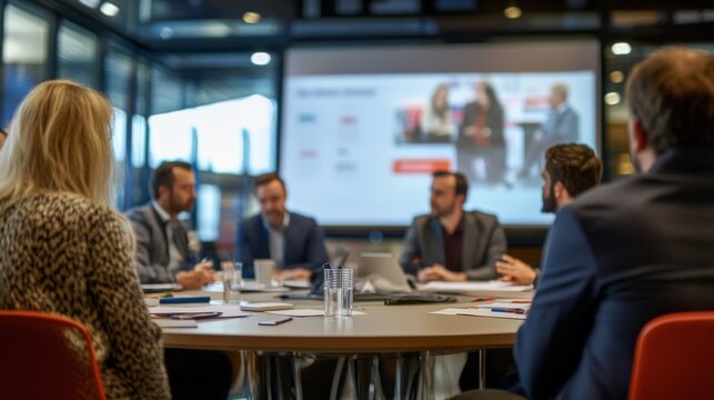 A group of business professionals attentively listens to a presentation while gathered around a circular table in a contemporary office environment. The atmosphere is focused and collaborative