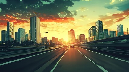 Fototapeta premium Asphalt highway road and city skyline with modern buildings at sunset. car background. generative ai