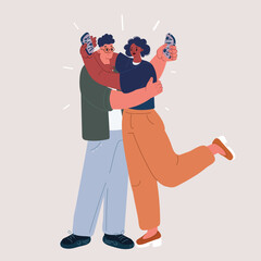 Fototapeta premium Cartoon vector illustration of a man and a woman hugging while each looking at their own phone, concept of digital distraction in relationships