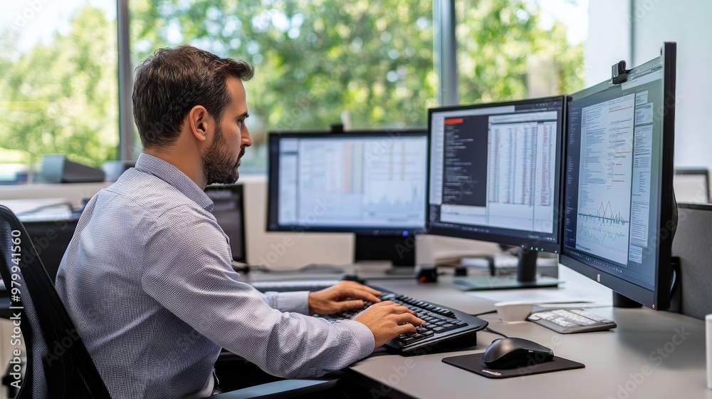 Fototapete A professional man types intently at his desk, engaged with three computer monitors displaying data in a bright, contemporary office with large windows
