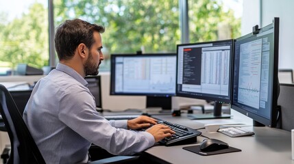 A professional man types intently at his desk, engaged with three computer monitors displaying data in a bright, contemporary office with large windows